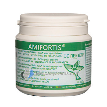 De Reiger Aminfortis, una combinación de aminoácidos esenciales enriquecidos con vitaminas, pro-vitaminas y proteínas, diseñado específicamente para palomas de alta competición