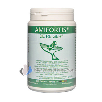 De Reiger Aminfortis 600GR, una combinación de aminoácidos esenciales enriquecidos con vitaminas, pro-vitaminas y proteínas, diseñado específicamente para palomas de alta competición