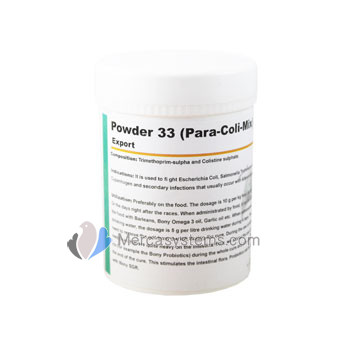 Productos para palomas: Powder 33 (Para-Coli-Mix) 100gr, (fórmula magistral belga altamente eficaz contra salmonelosis)